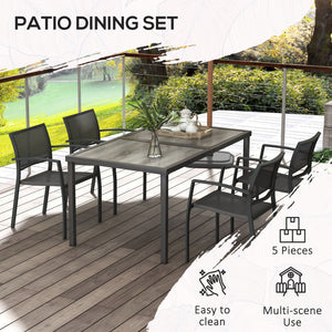 4 Seater Garden Dining Set, Stackable Armchairs and Wood-like Top Table, Space-Saving Outdoor Table and Chairs with Breathable Mesh Seat, Garden Furniture Set, Grey