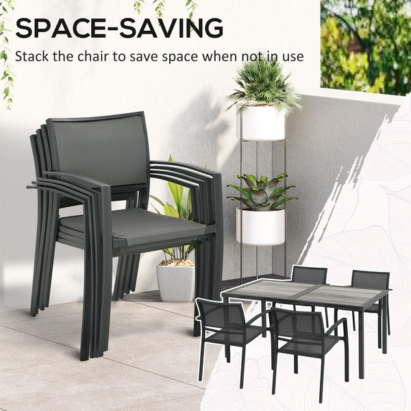 4 Seater Garden Dining Set, Stackable Armchairs and Wood-like Top Table, Space-Saving Outdoor Table and Chairs with Breathable Mesh Seat, Garden Furniture Set, Grey