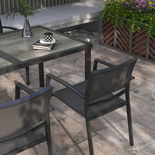 4 Seater Garden Dining Set, Stackable Armchairs and Wood-like Top Table, Space-Saving Outdoor Table and Chairs with Breathable Mesh Seat, Garden Furniture Set, Grey