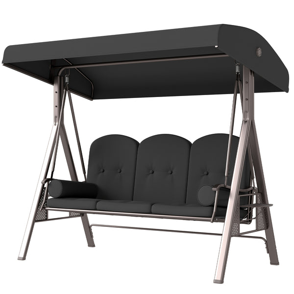 3 Seater Canopy Swing Chair, Outdoor Garden Swing Seat with Adjustable Canopy, Cushions and Cup Trays, Steel Frame, Dark Grey