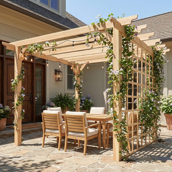 3 x 3 m Wooden Pergola Kit, Garden Pergola Gazebo Arch with Grape Trellis, Triangle Supports, Crossing Beams for Climbing Vines, Flowers, Sun Shade Shelter for Patio Grill, Nature Wood Finish