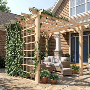 3 x 3 m Wooden Pergola Kit, Garden Pergola Gazebo Arch with Grape Trellis, Triangle Supports, Crossing Beams for Climbing Vines, Flowers, Sun Shade Shelter for Patio Grill, Nature Wood Finish