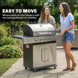 6 Burner Propane Gas Grill with Side Burner, 63,000 BTU Stainless Steel Barbecue Grill with Cast Iron Grates, Wheels, Warming Rack, Side Tables, Cabinet for Outdoor Kitchen, Backyard Barbecue
