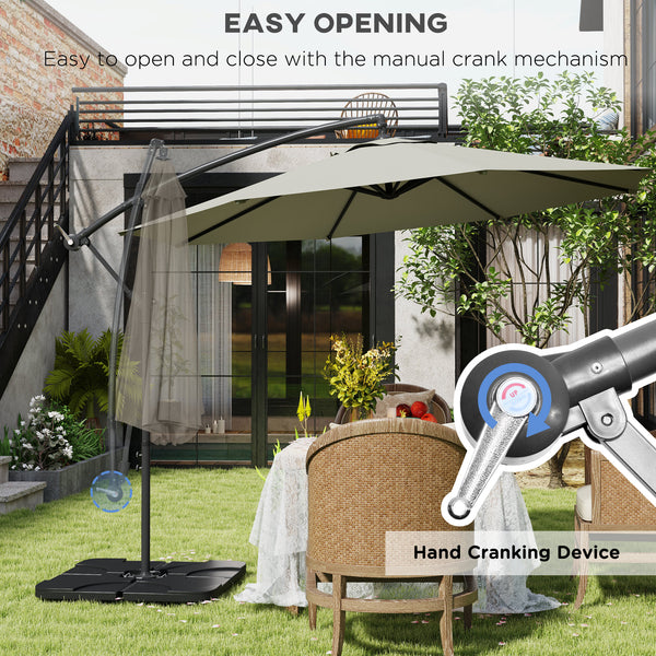 3(m) Garden Banana Parasol Cantilever Umbrella with Crank Handle, Cross Base, Weights and Cover for Outdoor, Hanging Sun Shade, Light Grey