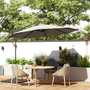3(m) Garden Banana Parasol Cantilever Umbrella with Crank Handle, Cross Base, Weights and Cover for Outdoor, Hanging Sun Shade, Light Grey