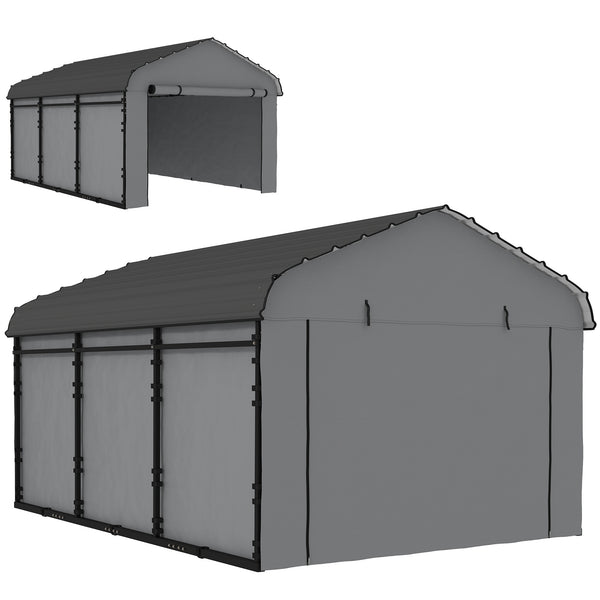 10' x 15' x 8' Heavy Duty Metal Carport, Waterproof Car Shelter Garage Canopy with Galvanized Metal Roof and Removable Sidewalls for Cars, Boats and Trucks, Light Grey
