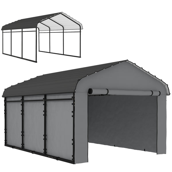 10' x 15' x 8' Heavy Duty Metal Carport, Waterproof Car Shelter Garage Canopy with Galvanized Metal Roof and Removable Sidewalls for Cars, Boats and Trucks, Light Grey