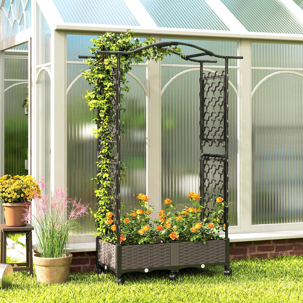 Raised Garden Bed with Arch Trellis, Raised Bed for Garden on Wheels with Side Trellis, Self Watering Outdoor Planter Box with Drainage Holes, Drain Plugs for Climbing Plants, Flowers, Herbs