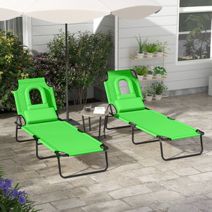 2PCS Adjustable Outdoor Lounge Chair, Garden Folding Chaise Lounge with Face Hole Reclining Tanning Chair Seat, Folding Camping Beach Lounging Bed w/ Head Support, Green