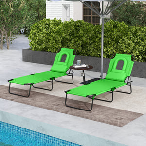 2PCS Adjustable Outdoor Lounge Chair, Garden Folding Chaise Lounge with Face Hole Reclining Tanning Chair Seat, Folding Camping Beach Lounging Bed w/ Head Support, Green