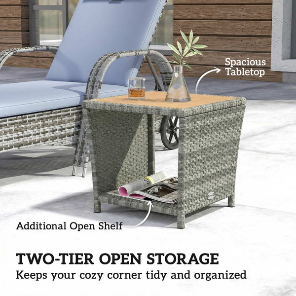 2-Tier PE Rattan Side Table with Storage Shelf, Square Outdoor Coffee Table with PS Wood Slat Top, UV-Resistant for Patio, Garden, Balcony, Light Grey
