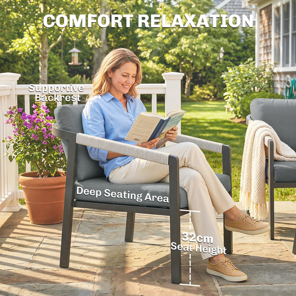 Aluminium Garden Furniture Set, 4 Seater Outdoor Patio Furniture with Loveseat, 2 Armchairs, Slatted Table, Outdoor Furniture Conversation Set with Thick Cushions, Black