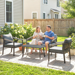 Aluminium Garden Furniture Set, 4 Seater Outdoor Patio Furniture with Loveseat, 2 Armchairs, Slatted Table, Outdoor Furniture Conversation Set with Thick Cushions, Black