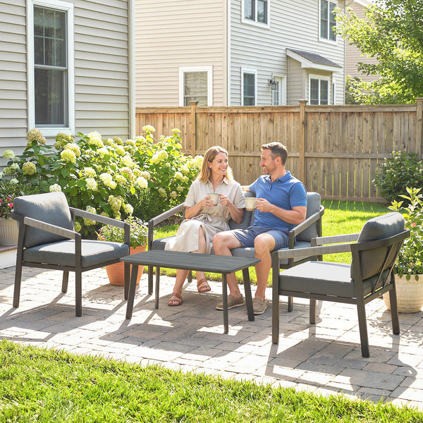 Aluminium Garden Furniture Set, 4 Seater Outdoor Patio Furniture with Loveseat, 2 Armchairs, Slatted Table, Outdoor Furniture Conversation Set with Thick Cushions, Black