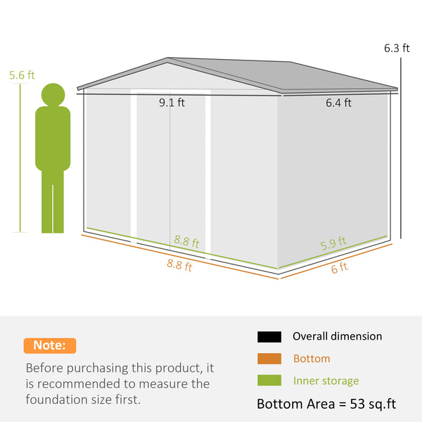 Outsunny 9' x 6' Outdoor Storage Shed, Garden Tool Metal Shed with Foundation Kit, Double Lockable Door, Air Vents and Sloping Roof, for Backyard, Patio, Lawn, Yellow