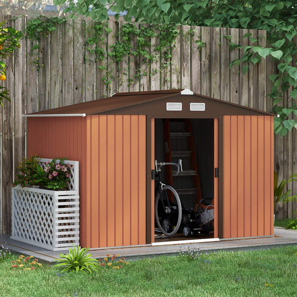 Outsunny 9' x 6' Outdoor Storage Shed, Garden Tool Metal Shed with Foundation Kit, Double Lockable Door, Air Vents and Sloping Roof, for Backyard, Patio, Lawn, Yellow