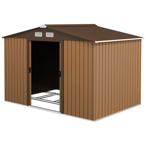 9' x 6' Garden Storage Shed with Foundation Kit, Metal Tool Storage House with Double Doors for Outdoor Patio Yard, Brown
