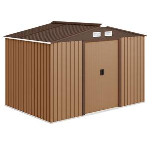 9' x 6' Garden Storage Shed with Foundation Kit, Metal Tool Storage House with Double Doors for Outdoor Patio Yard, Brown