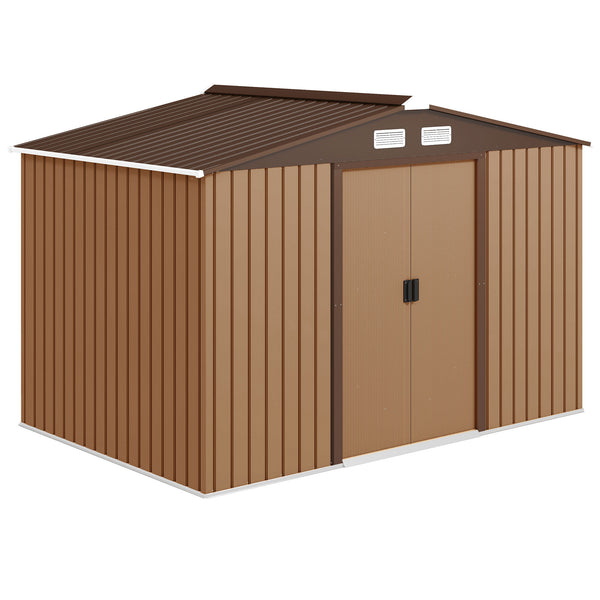 9' x 6' Garden Storage Shed with Foundation Kit, Metal Tool Storage House with Double Doors for Outdoor Patio Yard, Brown