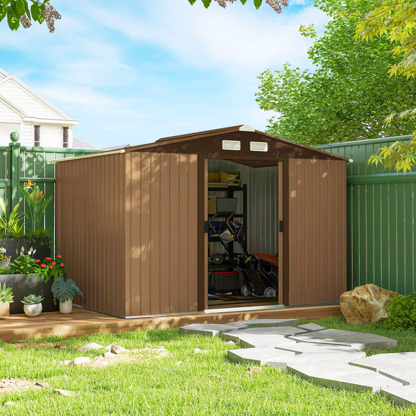 9 x 6ft Metal Garden Shed, Outdoor Storage Tool House with Ventilation Slots, Foundation Kit and Lockable Double Doors, Light Brown