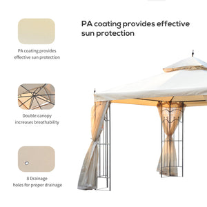 Outsunny 10' x 10' Patio Gazebo with Corner Frame Shelves, Double Roof Outdoor Gazebo Canopy Shelter with Netting for Patio, Wedding, Catering & Events, Cream White