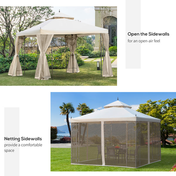 Outsunny 10' x 10' Patio Gazebo with Corner Frame Shelves, Double Roof Outdoor Gazebo Canopy Shelter with Netting for Patio, Wedding, Catering & Events, Cream White