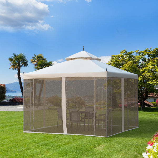 Outsunny 10' x 10' Patio Gazebo with Corner Frame Shelves, Double Roof Outdoor Gazebo Canopy Shelter with Netting for Patio, Wedding, Catering & Events, Cream White