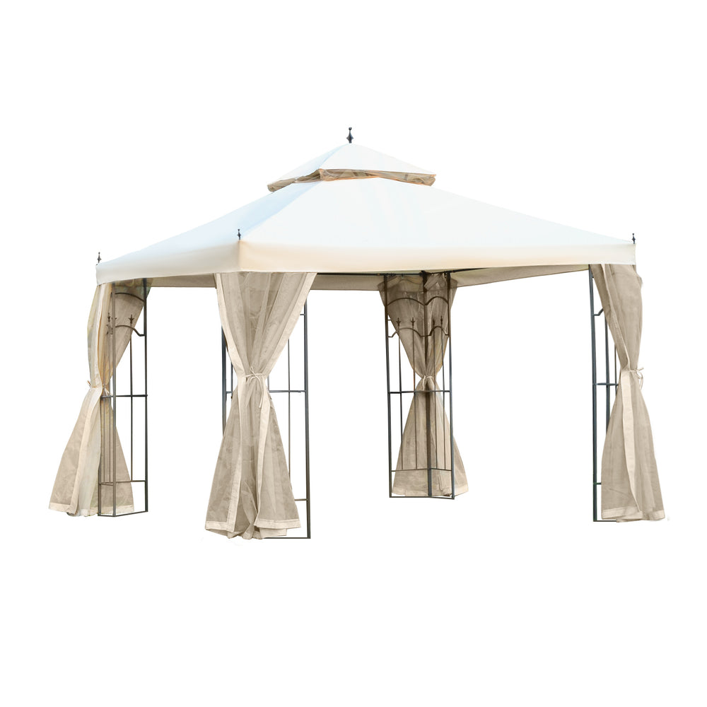 Outsunny 10' x 10' Patio Gazebo with Corner Frame Shelves, Double Roof Outdoor Gazebo Canopy Shelter with Netting for Patio, Wedding, Catering & Events, Cream White