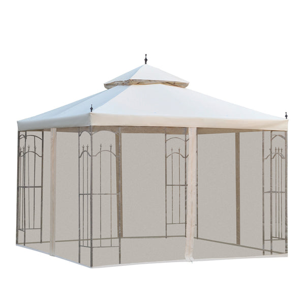 Outsunny 10' x 10' Patio Gazebo with Corner Frame Shelves, Double Roof Outdoor Gazebo Canopy Shelter with Netting for Patio, Wedding, Catering & Events, Cream White