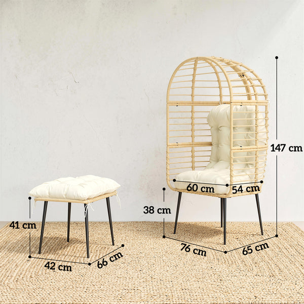 Standing Garden Egg Chair with Footstool, PE Rattan Outdoor Lounge Chair and Ottoman Set with Thick Cushions, Indoor Outdoor Egg Basket Seating for Patio Balcony Porch, Beige