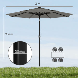 3 m Garden Parasol, Parasol Umbrella with 3-tier Roof, Crank Handle, Tilt Function, Polyester Canopy, Outdoor Table Umbrella for Patio, Garden, Grey