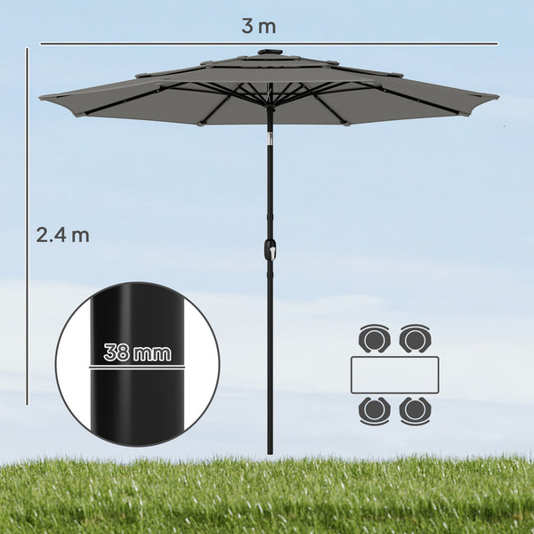 3 m Garden Parasol, Parasol Umbrella with 3-tier Roof, Crank Handle, Tilt Function, Polyester Canopy, Outdoor Table Umbrella for Patio, Garden, Grey