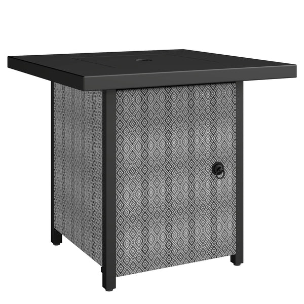 Propane Gas Fire Pit Table for Garden, 11.7 KW Smokeless Firepit Outdoor Heater with Wind Guard, Glass Rocks, Lid, Diamond Pattern Sides, Outdoor Garden Dining Table, 71 x 71 x 63cm, Black