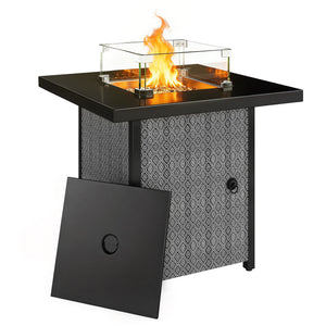 Propane Gas Fire Pit Table for Garden, 11.7 KW Smokeless Firepit Outdoor Heater with Wind Guard, Glass Rocks, Lid, Diamond Pattern Sides, Outdoor Garden Dining Table, 71 x 71 x 63cm, Black
