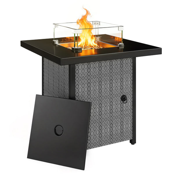 Propane Gas Fire Pit Table for Garden, 11.7 KW Smokeless Firepit Outdoor Heater with Wind Guard, Glass Rocks, Lid, Diamond Pattern Sides, Outdoor Garden Dining Table, 71 x 71 x 63cm, Black
