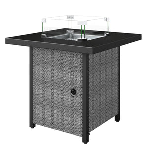 Propane Gas Fire Pit Table for Garden, 11.7 KW Smokeless Firepit Outdoor Heater with Wind Guard, Glass Rocks, Lid, Diamond Pattern Sides, Outdoor Garden Dining Table, 71 x 71 x 63cm, Black