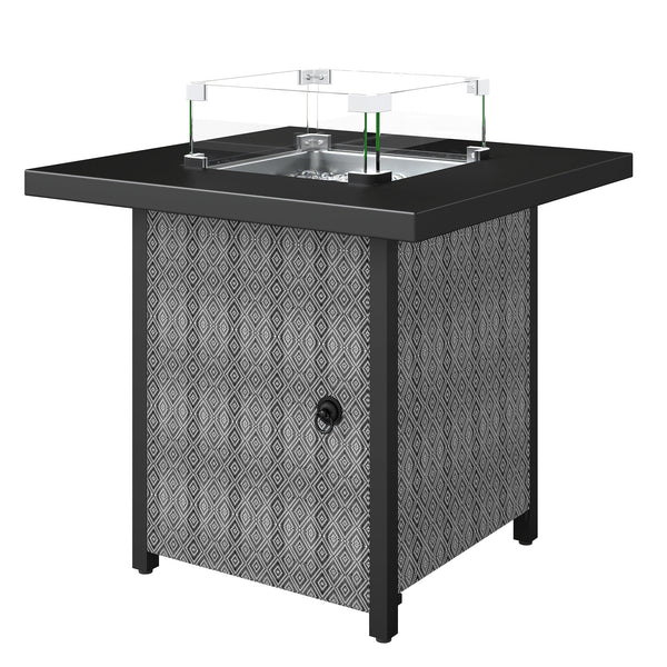 Propane Gas Fire Pit Table for Garden, 11.7 KW Smokeless Firepit Outdoor Heater with Wind Guard, Glass Rocks, Lid, Diamond Pattern Sides, Outdoor Garden Dining Table, 71 x 71 x 63cm, Black