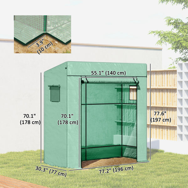 Lean-to Tomato Greenhouse with PE Cover, Walk-in Green House with Roll-up Door and 2 Mesh Windows, Portable Plant Grow House for Indoor Outdoor, 77.2"x30.3"x77.6", Green