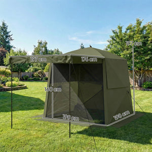 2 x 2 m Pop Up Gazebo with Awning, Waterproof Instant Shelter for Garden BBQ, Fishing, Camping, Easy Setup Garden Gazebo with Sides, Mesh Windows & Carry Bag, Army Green