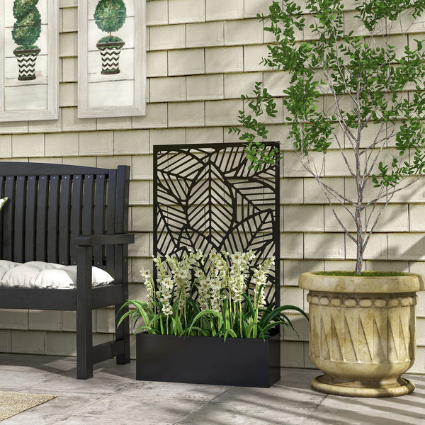 Outsunny Outdoor Privacy Screen with Planter Box, Metal Privacy Panel, and Raised Garden Bed, Wall-Mounted or Freestanding for Garden, Patio, Pool, Hot Tub, Black