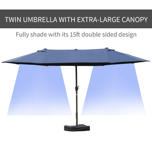 Outsunny Patio Umbrella 15' Steel Rectangular Outdoor Double Sided Market Umbrella with base, Sun Protection & Easy Crank for Deck Pool Patio, Dark Blue