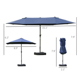 Outsunny Patio Umbrella 15' Steel Rectangular Outdoor Double Sided Market Umbrella with base, Sun Protection & Easy Crank for Deck Pool Patio, Dark Blue