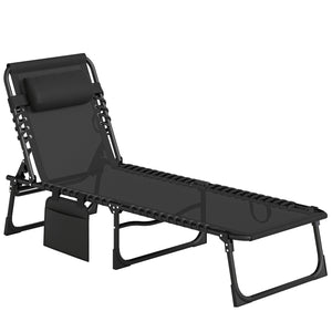 Folding Lounge Chair, Reclining Tanning Chair, Portable Sun Lounger with Adjustable Backrest and Removable Pillow for Patio, Garden, Beach, Black