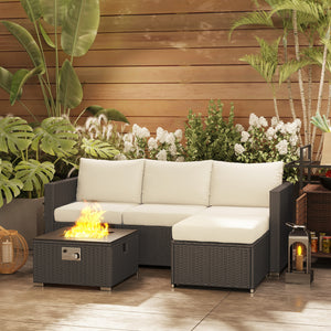 5 Piece Rattan Garden Furniture Set with Gas Fire Pit Table, 4 Seater Outdoor Sectional Sofa Set with Footstool and Removable Cushions, Modular Combination, Black and Cream White