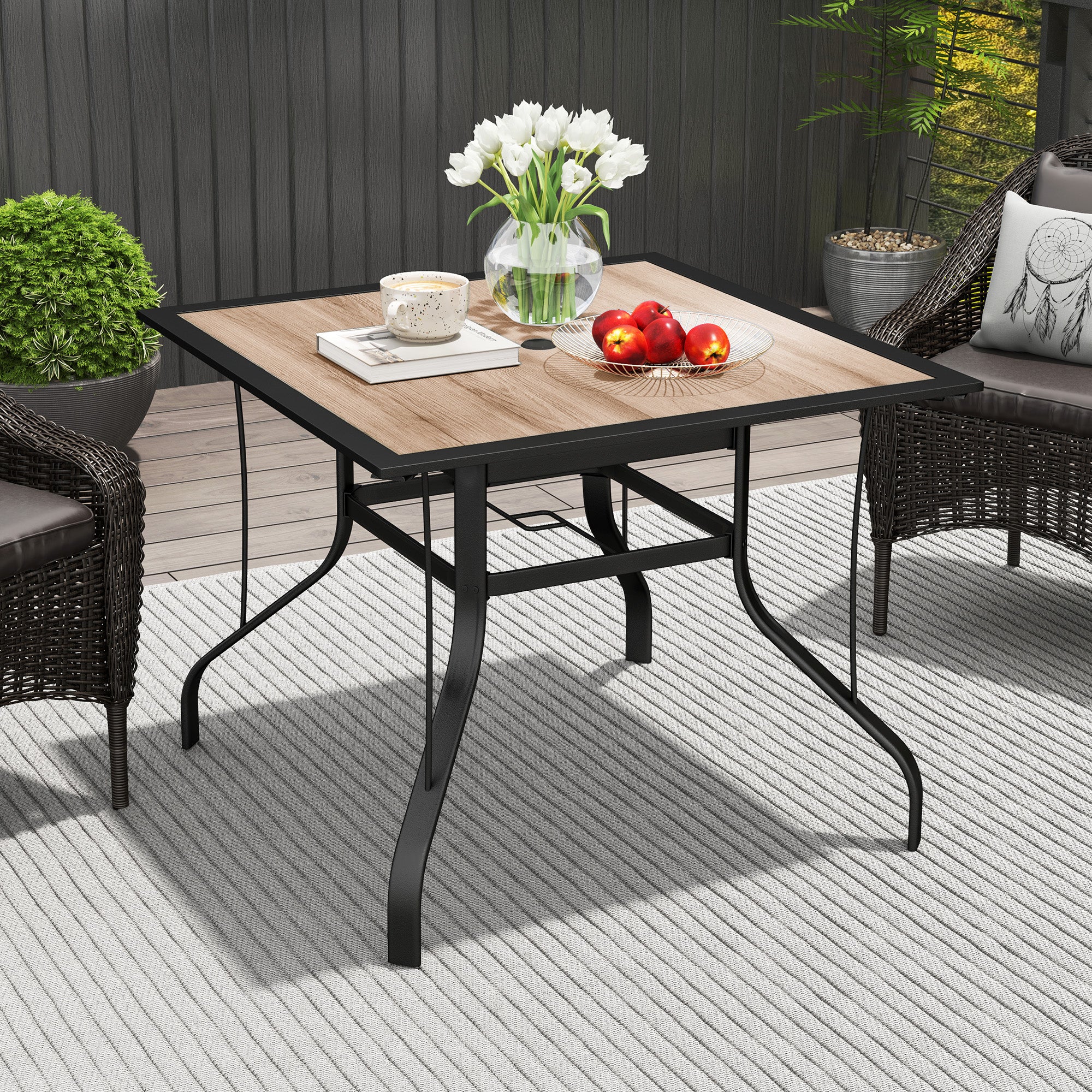 Outsunny Square Patio Dining Table w/ Umbrella Hole & Rustproof Steel Frame for Garden Pool, Brown