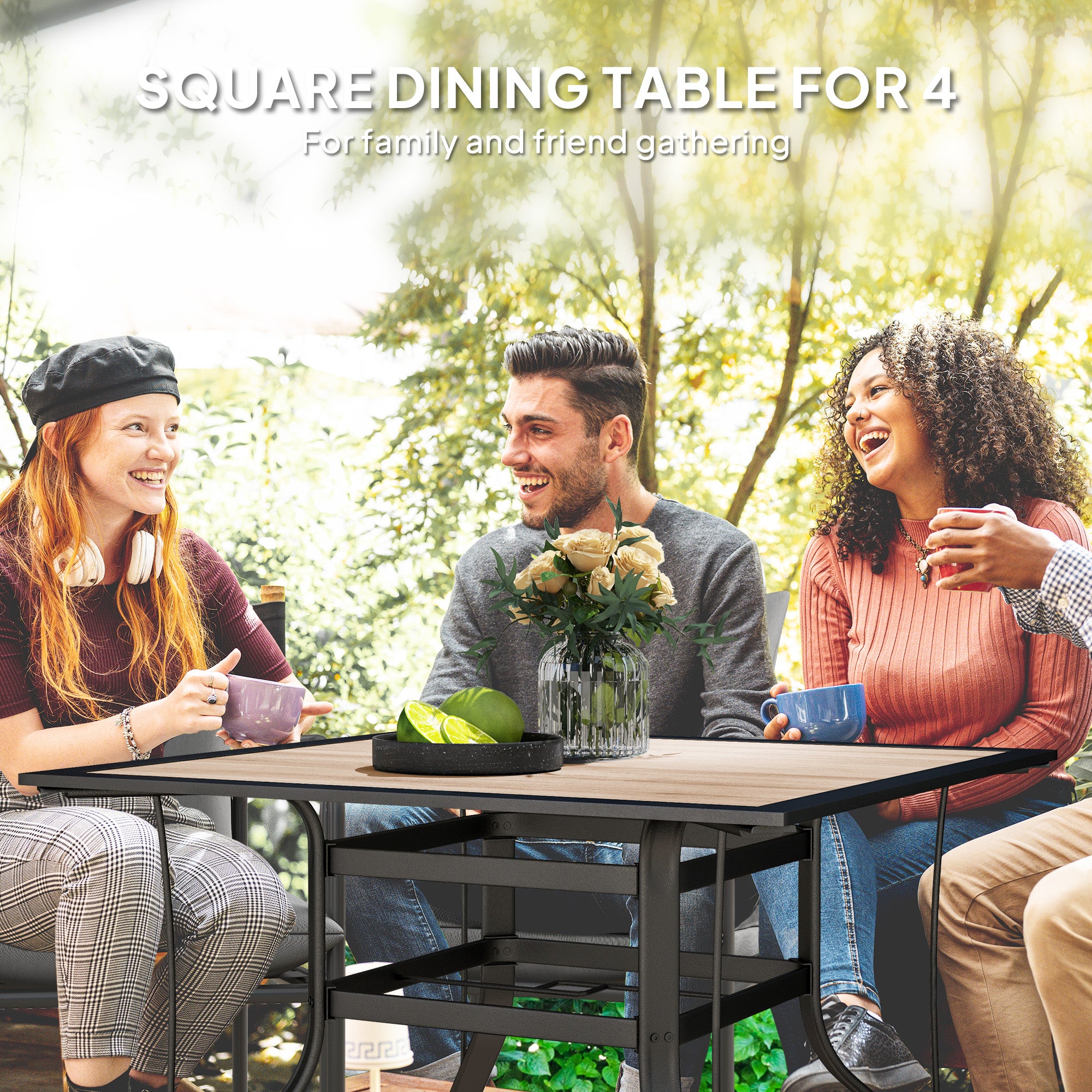 36x36 patio table and umbrella and 4 chairs Outsunny Square Patio Dining Table w/ Umbrella Hole & Rustproof Steel Frame for Garden Pool, Brown