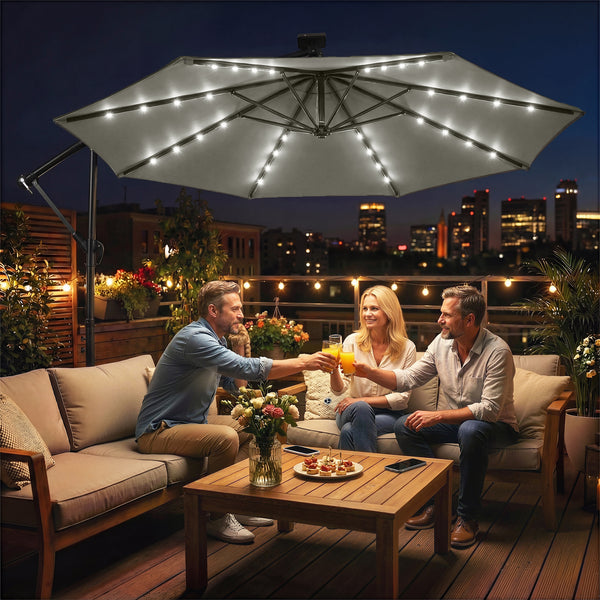 9.7 ft Cantilever Patio Umbrella with Solar LED Light, Cover, Round Offset Hanging Outdoor Umbrella Parasol with Tilt and Crank Handle, Grey
