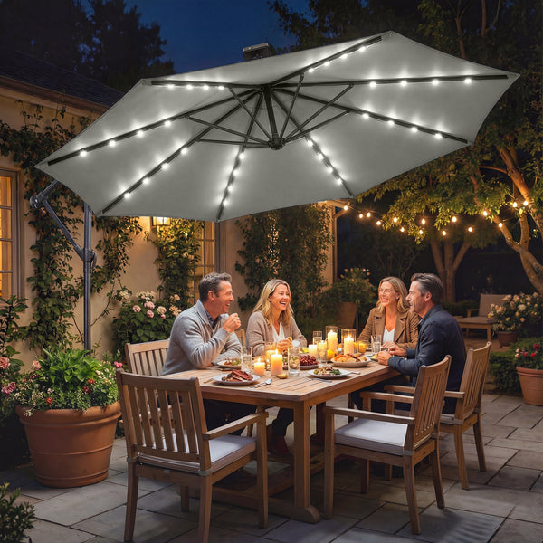 9.7 ft Cantilever Patio Umbrella with Solar LED Light, Cover, Round Offset Hanging Outdoor Umbrella Parasol with Tilt and Crank Handle, Grey