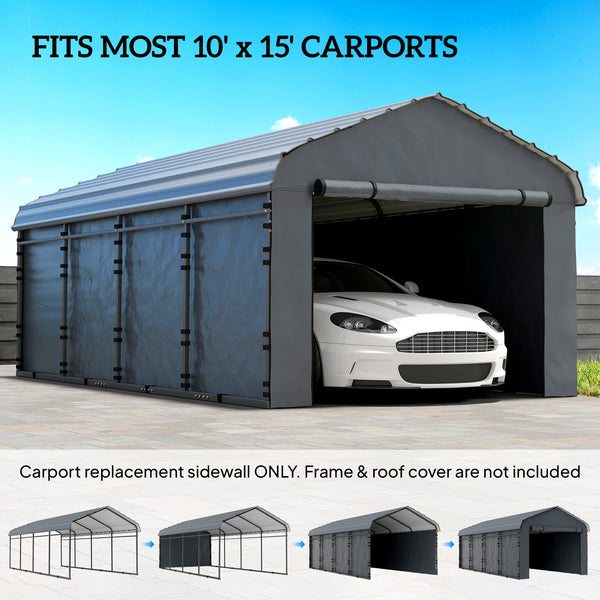 Carport Replacement Sidewall Panels Set of 4 for 10' x 15' Carports, UPF50+ Waterproof PE Tarp Replacement Side Wall Cover with Zipper Door, Top Cover and Frame Not Included, Dark Gray