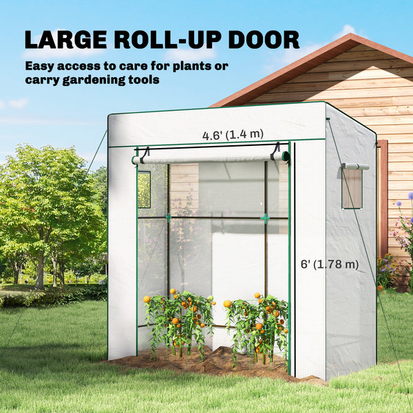 Lean-to Tomato Greenhouse with PE Cover, Walk-in Green House with Roll-up Door and 2 Mesh Windows, Portable Plant Grow House for Indoor Outdoor, 77.2"x30.3"x77.6", White